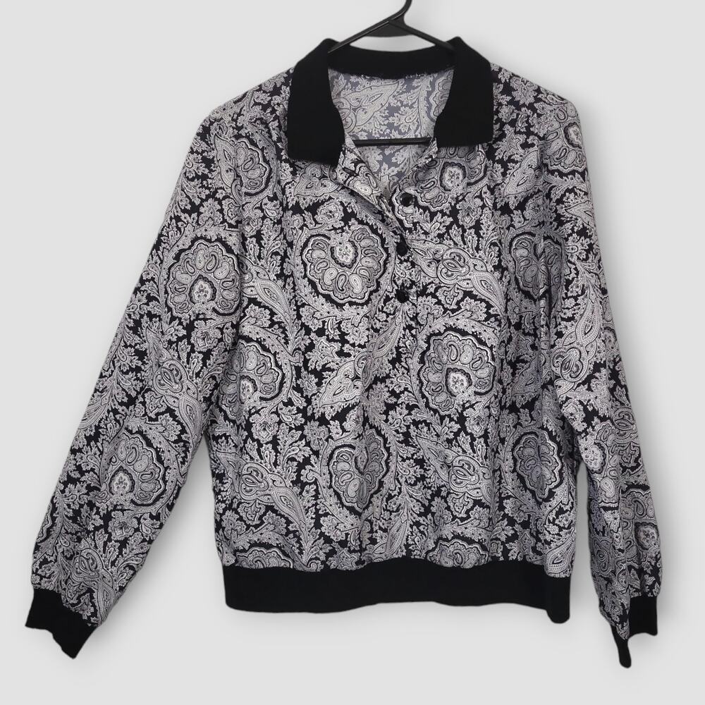 Vintage Top Womens Size Large Black White Paisley Polo Collar Pullover 80s Shirt